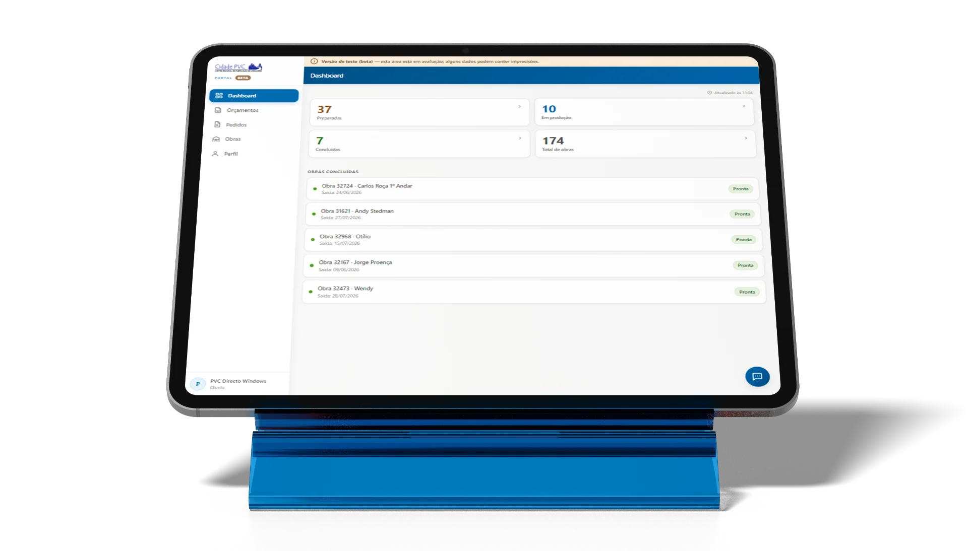 Dashboard MyCidadePVC num tablet